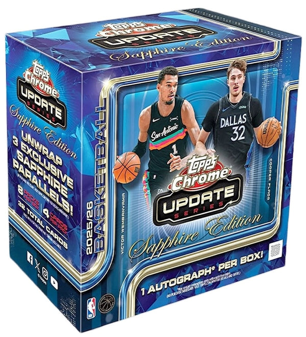 Official 2025–26 Topps Chrome Update Sapphire Basketball sealed box artwork