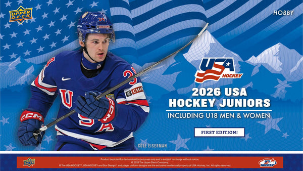 Official 2026 Upper Deck USA Hockey Juniors Hobby box artwork featuring Cole Eiserman
