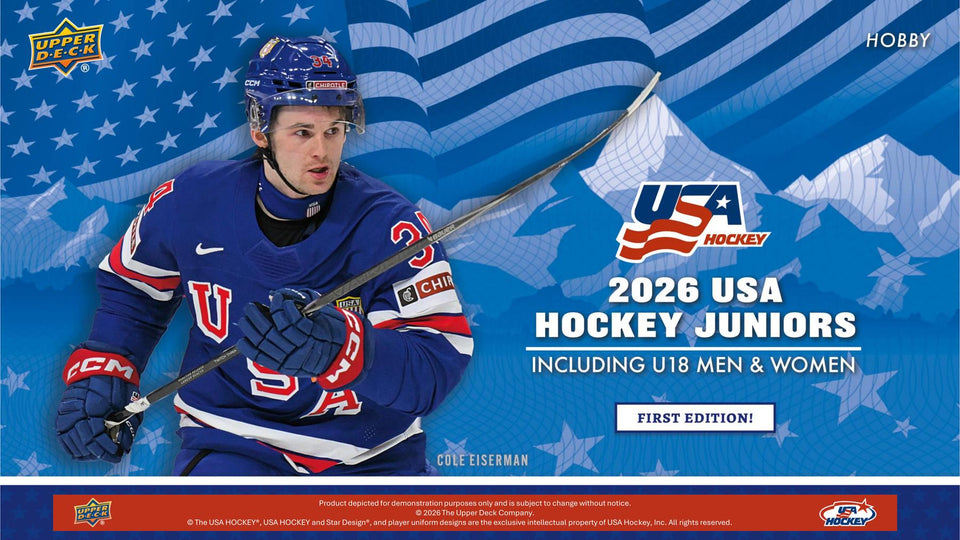 Official 2026 Upper Deck USA Hockey Juniors Hobby box artwork featuring Cole Eiserman