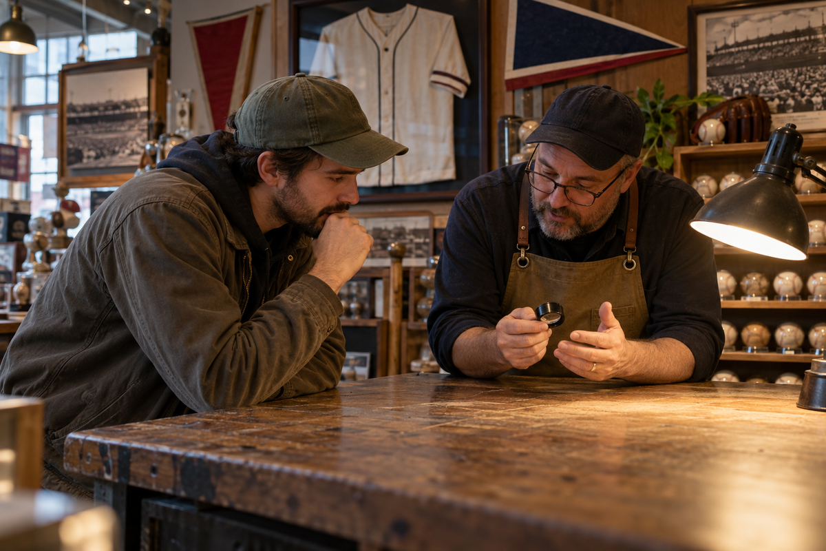 Collector and shop owner discussing condition in a sports memorabilia shop