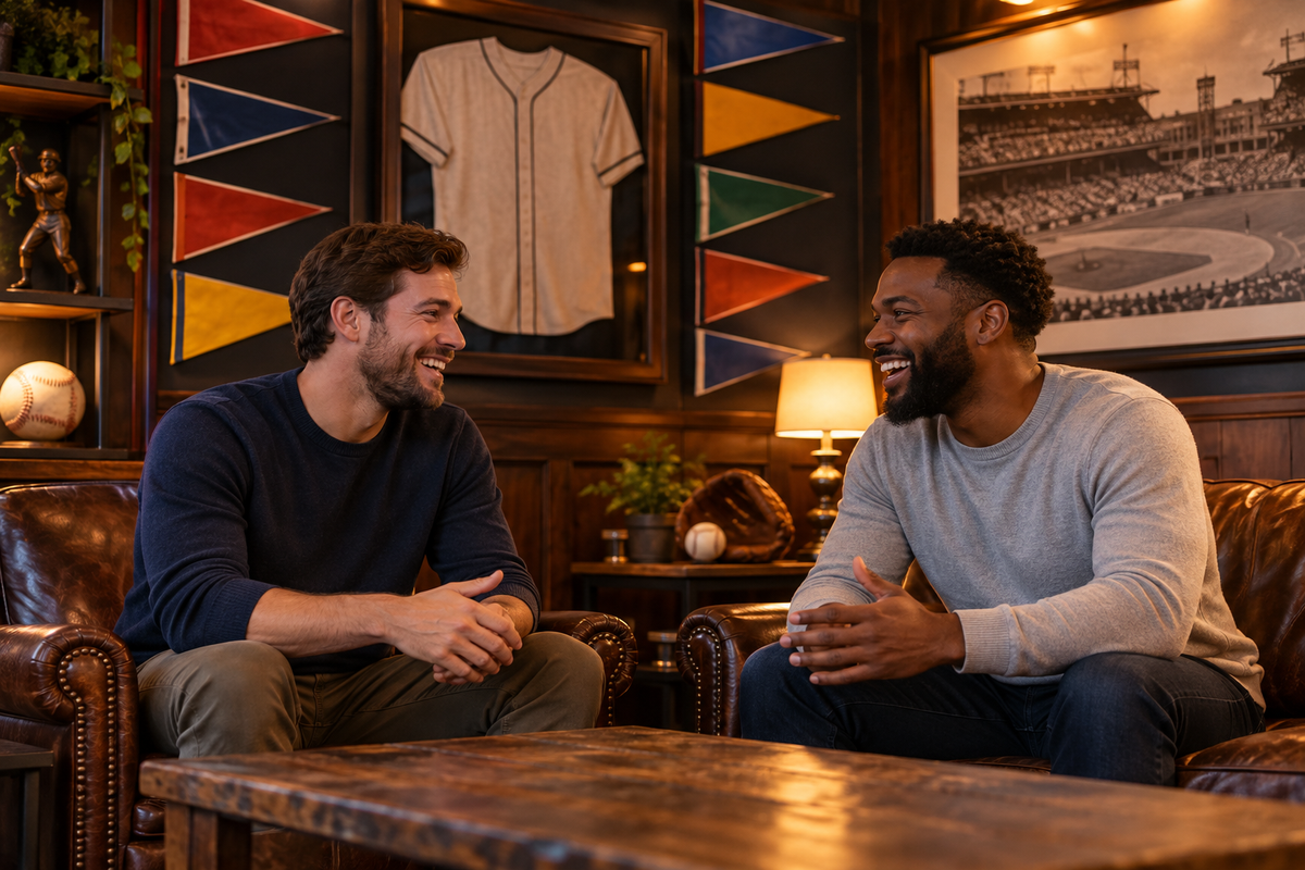 Collectors talking beneath colorful sports pennants