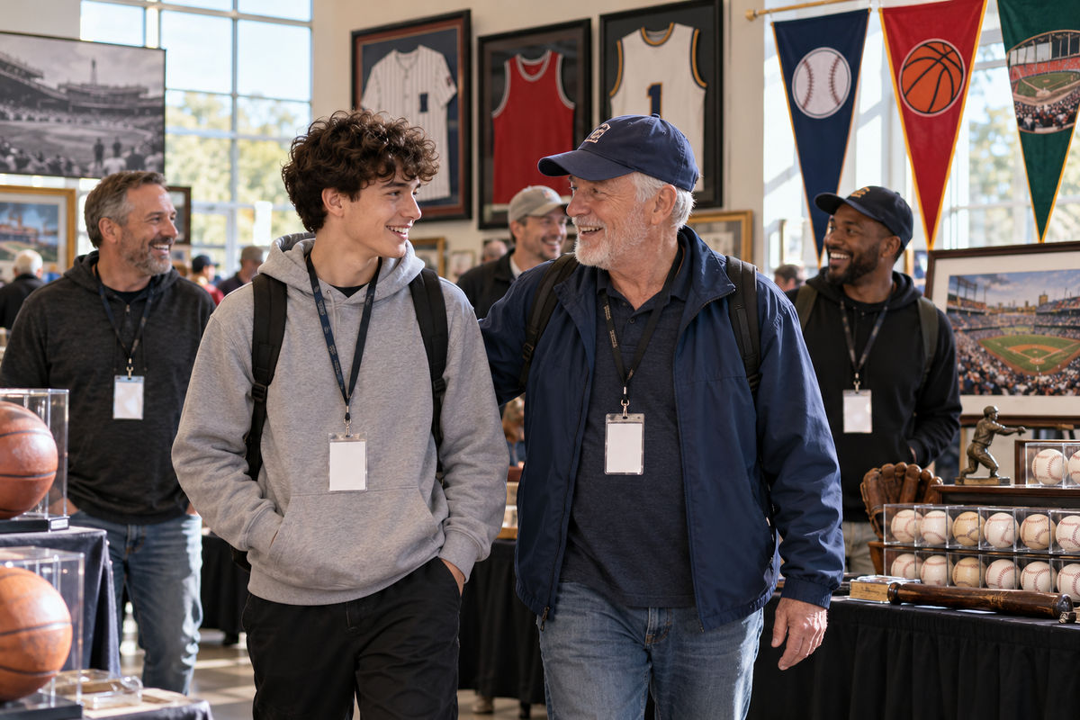 Two generations of collectors at a sports hobby meetup