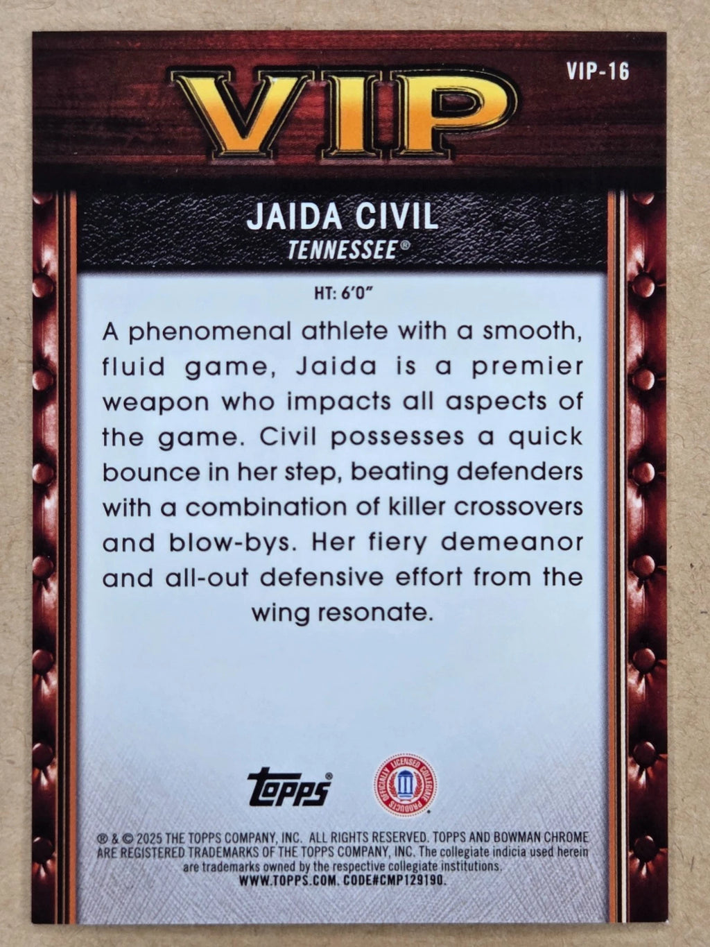 2025-26 Bowman Chrome U Jaida Civil VIP Gold Geometric 19/50 back