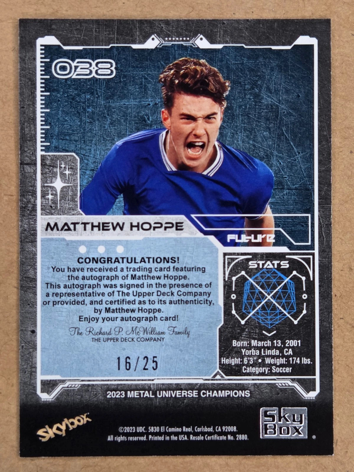 2023 SkyBox Metal Universe Champions Matthew Hoppe Gold Autograph 16/25 back
