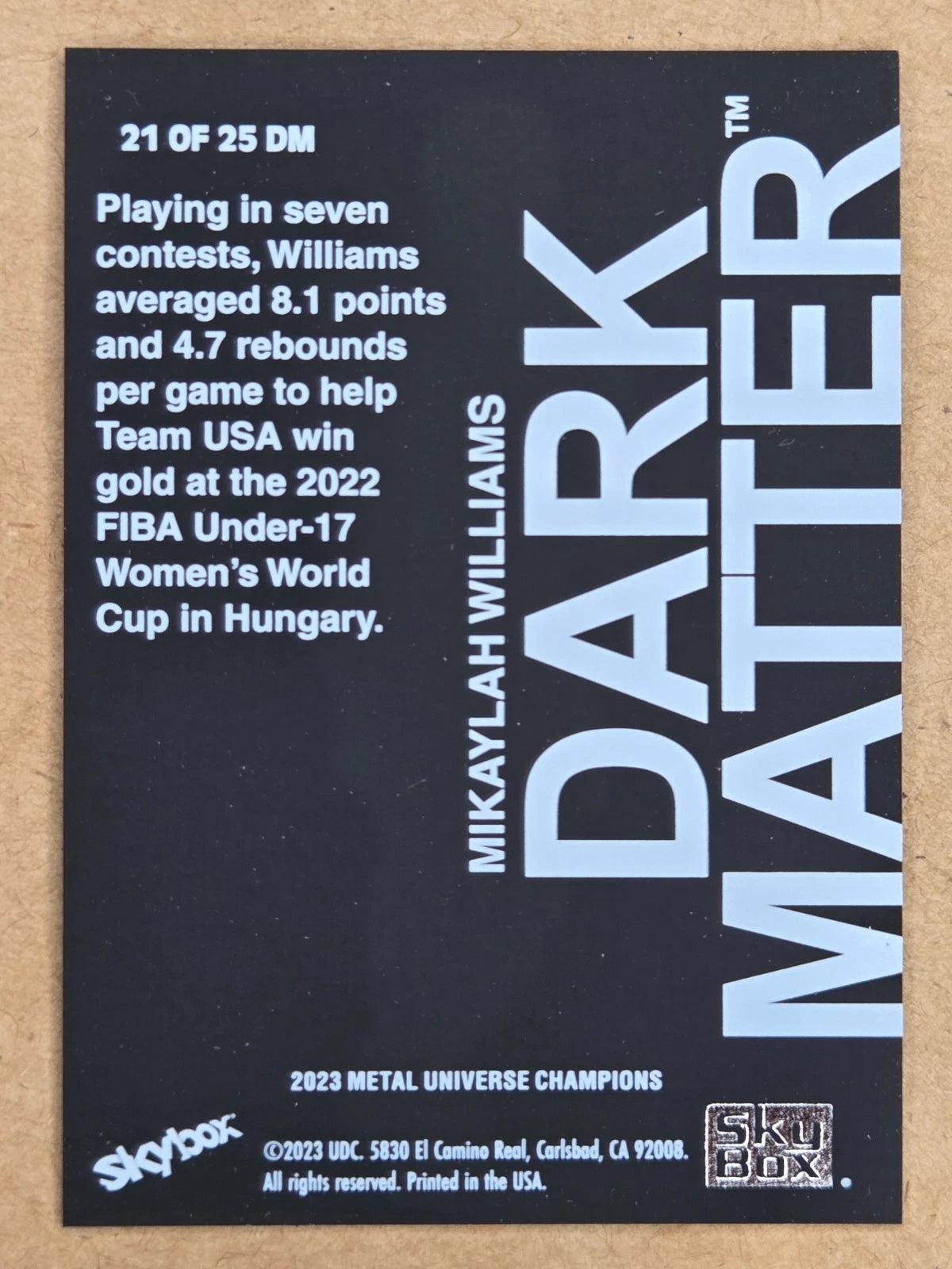2023 SkyBox Metal Universe Champions Mikaylah Williams Dark Matter DM-21 back