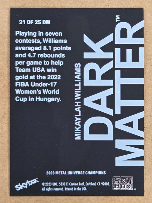 2023 SkyBox Metal Universe Champions Mikaylah Williams Dark Matter DM-21 back