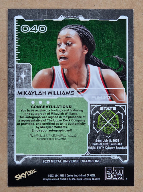 2023 SkyBox Metal Universe Champions Mikaylah Williams 040 Silver Autograph back