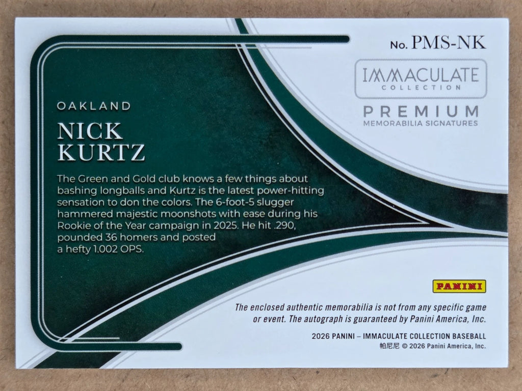 2026 Panini Immaculate Nick Kurtz Premium Memorabilia Signatures 22/35 back