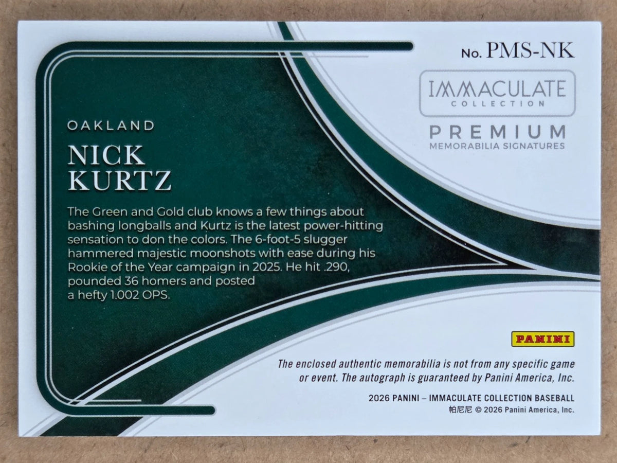 2026 Panini Immaculate Nick Kurtz Premium Memorabilia Signatures 22/35 back