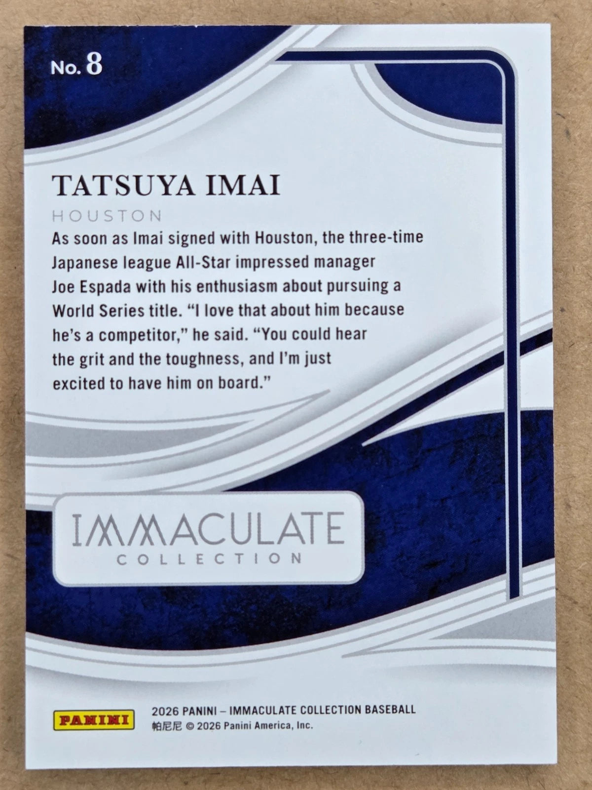 2026 Panini Immaculate Tatsuya Imai rookie base 59/75 back