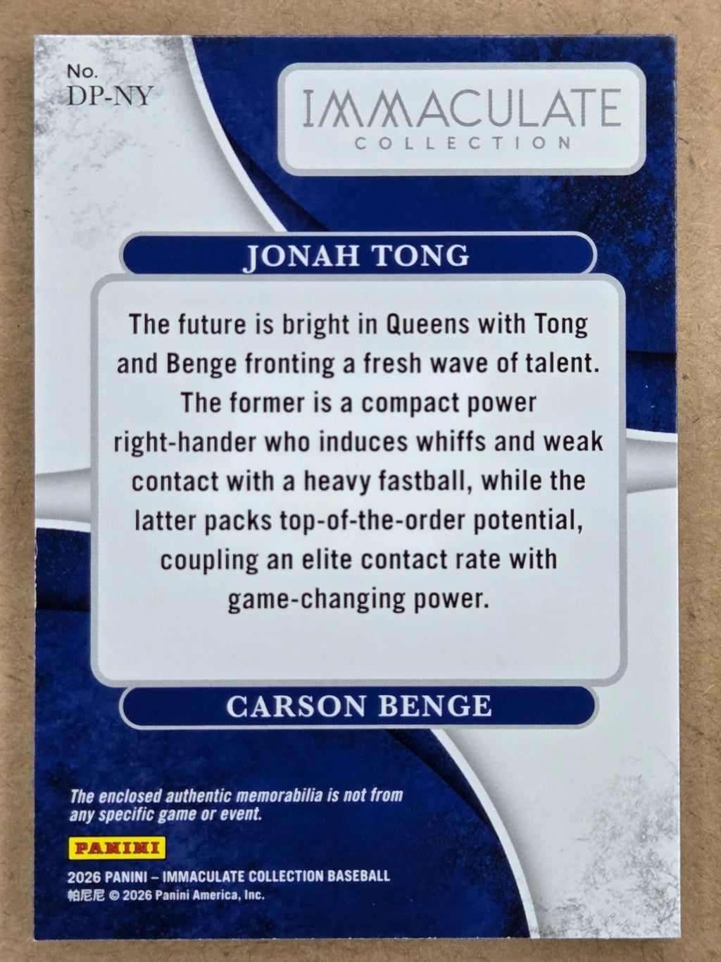 2026 Panini Immaculate Jonah Tong Carson Benge Dual Patch 98/99 back
