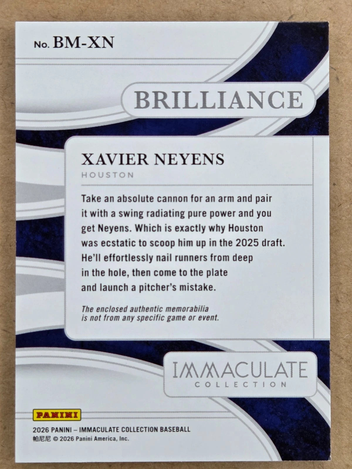 2026 Panini Immaculate Xavier Neyens Brilliance Memorabilia Red 18/49 back